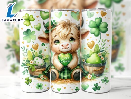 Cute Highland Cow Lucky Charm 20 Oz Skinny Tumbler, Highland Cow Tumbler, St Patrick’s Tumbler