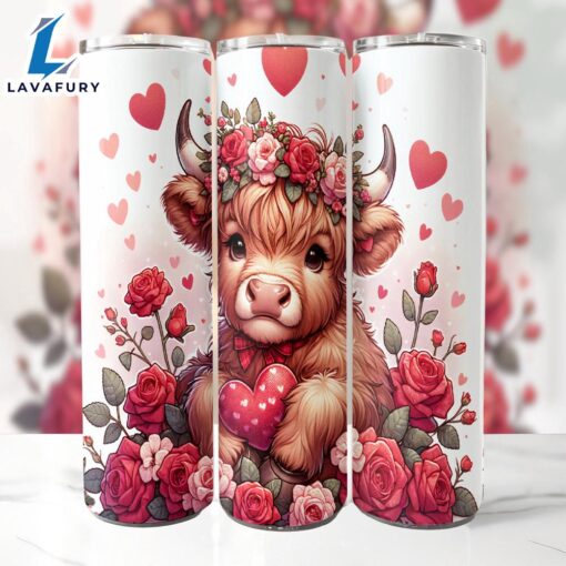 Cute Highland Cow Valentine 20 Oz Skinny Tumbler, Highland Cow Tumbler, Valentine Tumbler