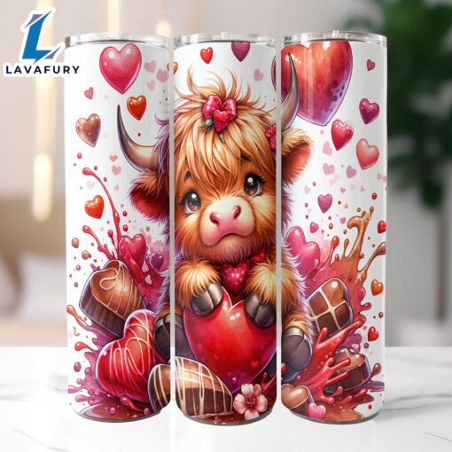 Cute Highland Cow Valentine Chocolate 20 Oz Skinny Tumbler, Highland Cow Tumbler, Valentine Tumbler