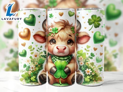 Cute St Patrick’s Day Highland Cow 20 Oz Skinny Tumbler, Highland Cow Tumbler, St Patrick’s Tumbler