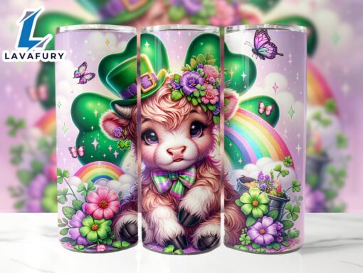 Cute St. Patrick’s Highland Cow 20 Oz Skinny Tumbler, Highland Cow Tumbler, St Patrick’s Tumbler