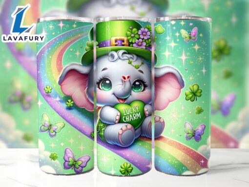 Cute St Patrick’s Lucky Charm Elephant 20 Oz Skinny Tumbler, Elephant Tumbler, St Patrick’s Tumbler