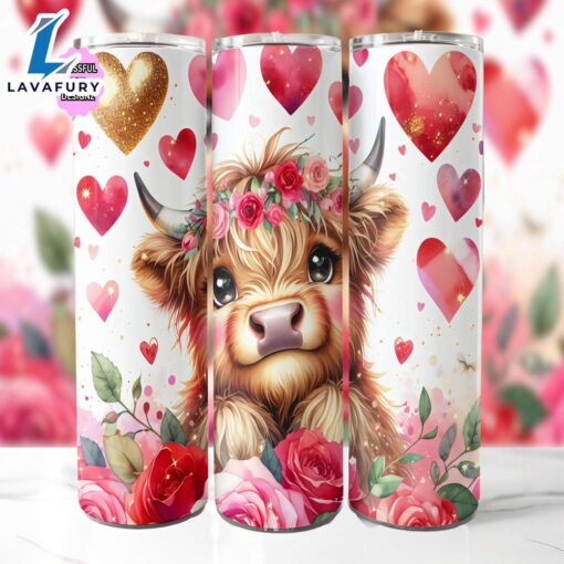 Cute Valentines Day Highland Cow Tumbler, 20 Oz Skinny Tumbler, Valentines Day Tumbler