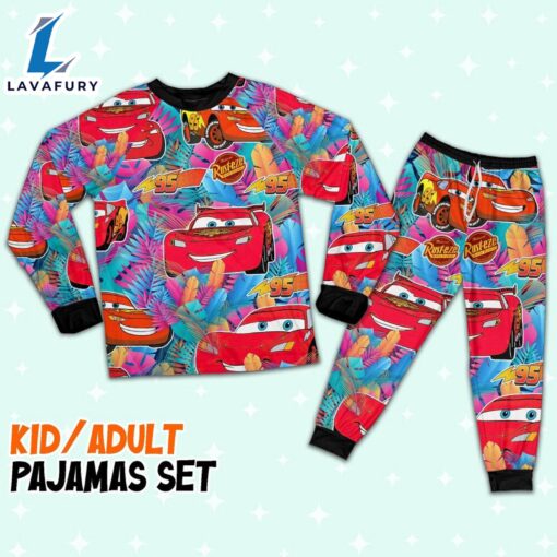 Disney Pixar Cars Lightning Mcqueen Colorful Floral Summer Pattern Pajamas Set – Movie Cartoon Holiday Pajamas