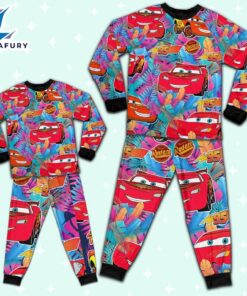 Disney Pixar Cars Lightning Mcqueen Colorful Floral Summer Pattern Pajamas Set - Movie Cartoon Holiday Pajamas