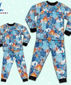 Disney Pixar Seamless Elemental Ember and Wade Summer Beach Tropical Blue Pajamas Set - Movie Cartoon Holiday Pajamas