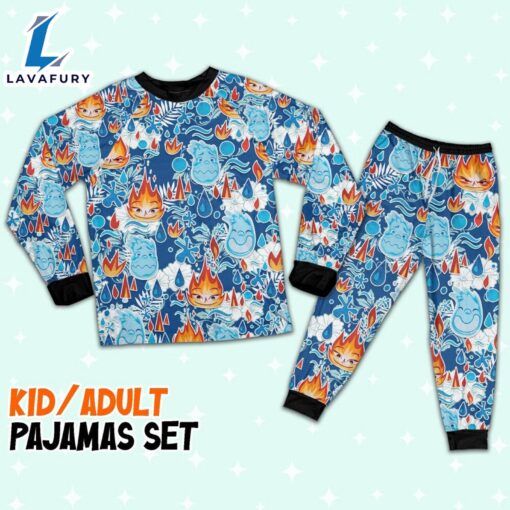 Disney Pixar Seamless Elemental Ember and Wade Summer Beach Tropical Blue Pajamas Set – Movie Cartoon Holiday Pajamas