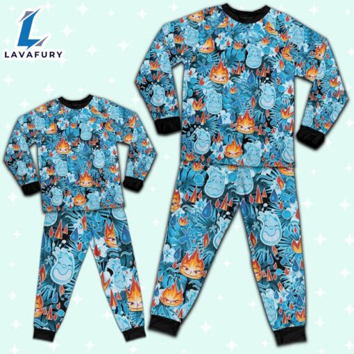 Disney Pixar Seamless Elemental Ember and Wade Tropical Blue Pajamas Set – Movie Cartoon Holiday Pajamas