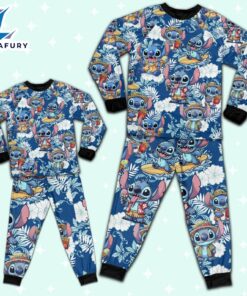 Disney Stitch Tropical Flower Summer Blue Pajamas Set - Movie Cartoon Holiday Pajamas