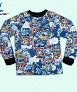 Disney Stitch Tropical Flower Summer Blue Pajamas Set - Movie Cartoon Holiday Pajamas