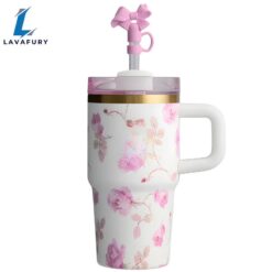 Floral Pattern Tumbler With Handle And Straw