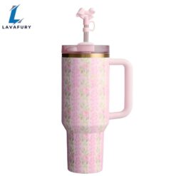 Floral Pattern Tumbler With Handle And Straw