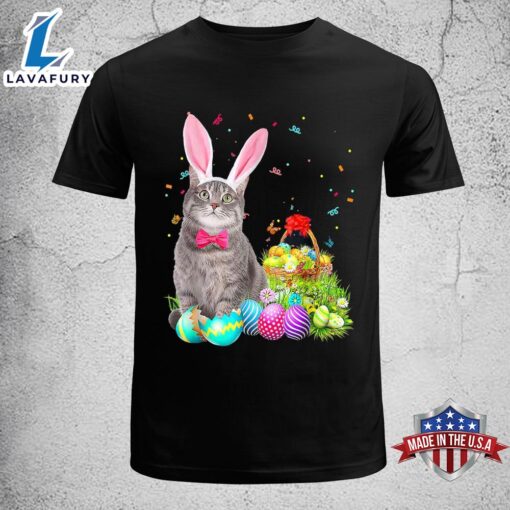 Happy Easter Cute Bunny Cat Eggs Basket Men Women Funny Cute Easter Shirt