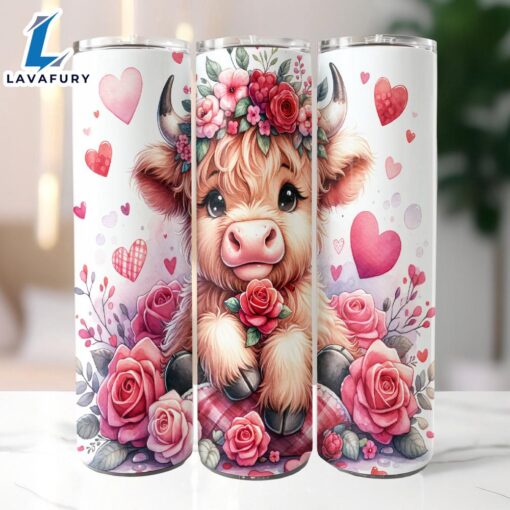 Highland Cow Valentine 20 Oz Skinny Tumbler, Highland Cow Tumbler, Valentine Tumbler