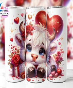 Highland Cow Valentine 20 Oz Skinny Tumbler, Highland Cow Tumbler, Valentine Tumbler