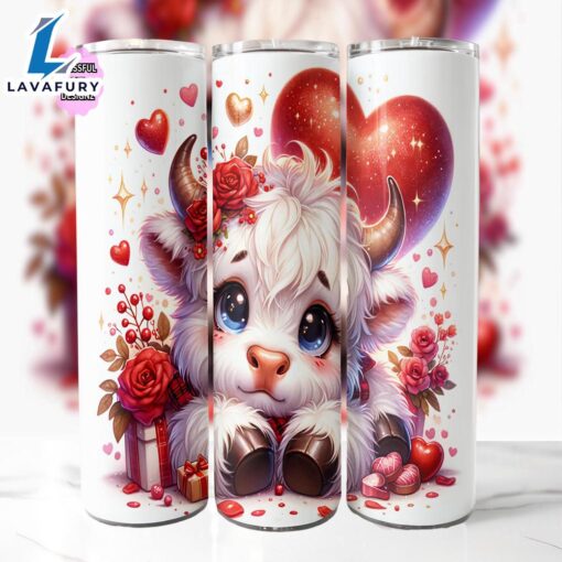 Highland Cow Valentine 20 Oz Skinny Tumbler, Highland Cow Tumbler, Valentine Tumbler