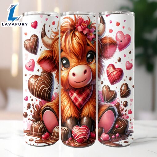 Highland Cow Valentine Chocolate 20 Oz Skinny Tumbler, Highland Cow Tumbler, Valentine Tumbler