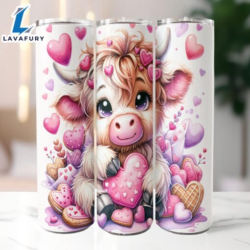 Highland Cow Valentine Cookie 20 Oz Skinny Tumbler, Highland Cow Tumbler, Valentine Tumbler