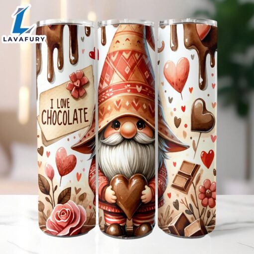 I Love Chocolate Gnome Tumbler 20 Oz Skinny Tumbler, Gnome Tumbler, Valentine Tumbler