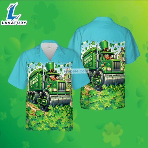 Leprechaun Crusher Truck Shamrock St Patricks Green Hawaiian Print Golf Shirts 2025