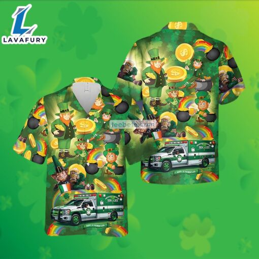 Leprechaun Shamrock St Patrick Gold Coin Green Short Sleeve Hawaiian Shirt 2025