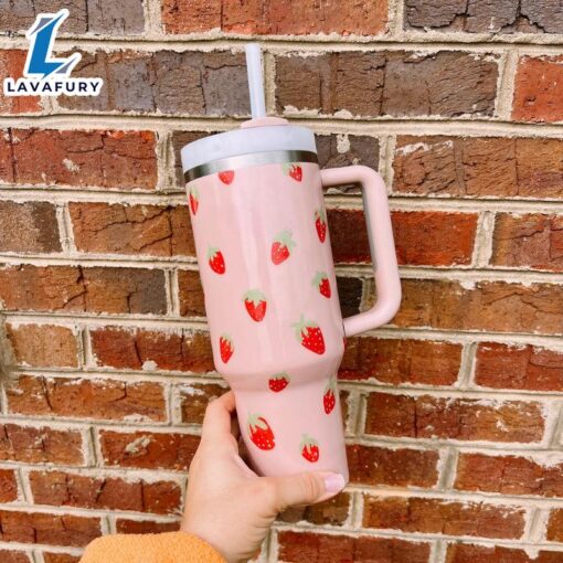 Personalization Strawberry Patterned Tumbler With Handle