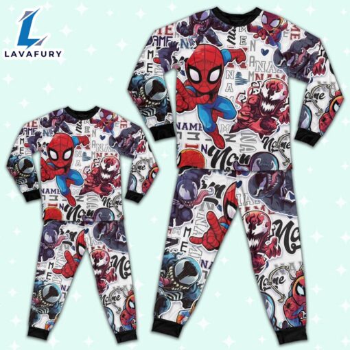 Personalized Name Spidey Man Friends Vs Venom Comic Pajamas – Movie Cartoon Holiday Pajamas