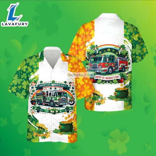 Shamrock Pot Of Gold Fire Truck St Patrick Green Hawaiian Button Down 2025