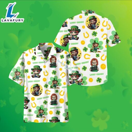 St Patrick Chucky Shamrock Horseshoe White Sun Surf Hawaiian Shirt 2025