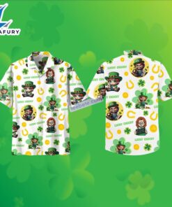 St Patrick Chucky Shamrock Horseshoe White Sun Surf Hawaiian Shirt 2025