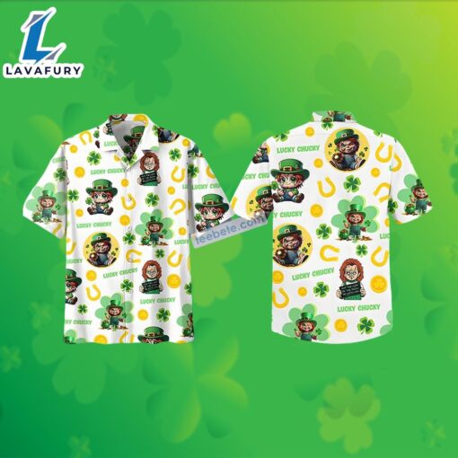 St Patrick Chucky Shamrock Horseshoe White Sun Surf Hawaiian Shirt 2025