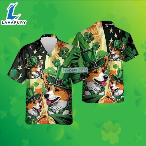 St Patrick Corgi Shamrock Green Button Down Hawaiian Shirt 2025