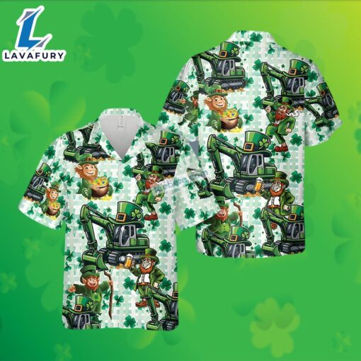 St Patrick Leprechaun Excavator Shamrock Green Hawaiian Button Down 2025