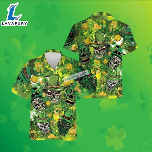 St Patricks Skulls Gold Coin Shamrock Green Hawaiian Red Dirt Shirt 2025