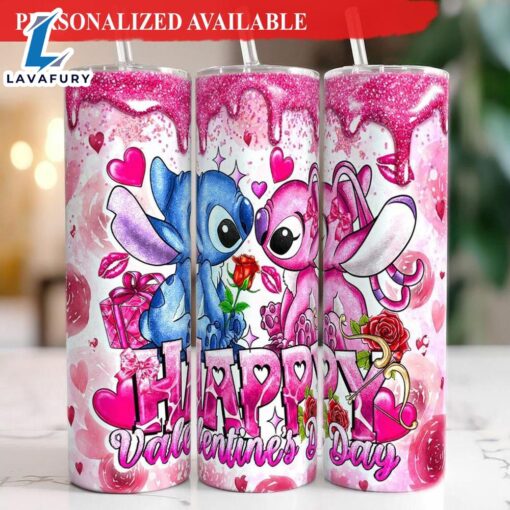 Stitch and Angel Happy Valentines Day 20oz Tumbler With Lip And Straw