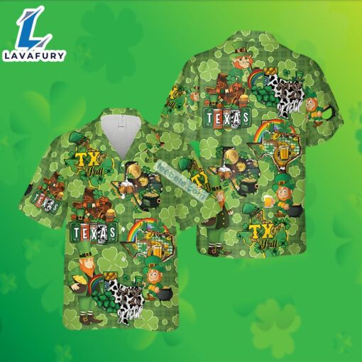 Texas Map Leprechaun Shamrock St Patrick Green Hawaiian Shirts Nearby 2025