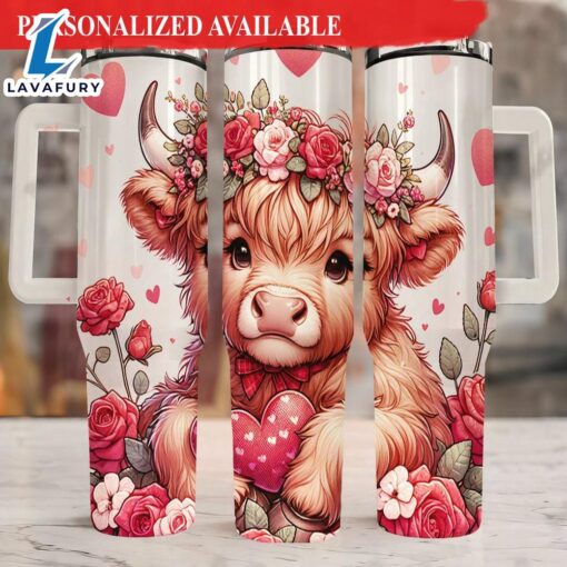 Valentine Highland Cow Tumbler Highland Cow Gifts Valentine Cow Personalized Tumbler – 40oz Tumbler with Handle