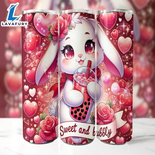 Valentines Cute Bunny 20 Oz Skinny Tumbler, Boba Tea Tumbler, Valentine Tumbler