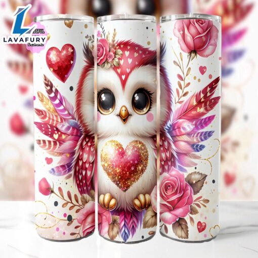 Valentines Day Owl 20 Oz Skinny Tumbler, Owl Tumbler, Valentines Day Tumbler