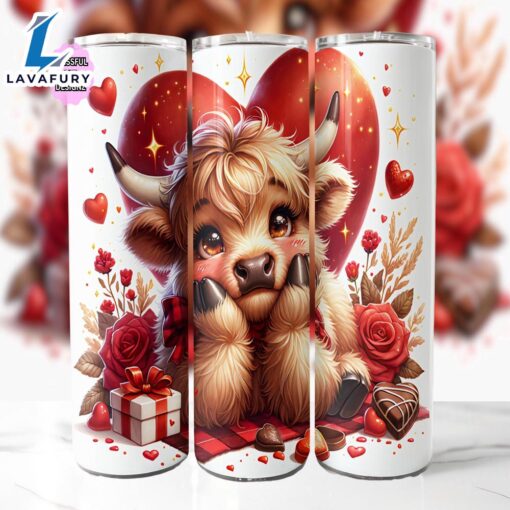 Valentines Highland Cow 20 Oz Skinny Tumbler, Highland Cow Tumbler, Valentine Tumbler