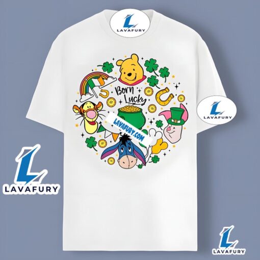 Born Lucky St Patricks With Winnie The Pooh Characters Shirt Graphic 2025