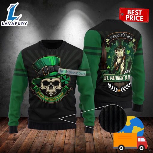 Everyone Irish On Sant Patrick Day With Skull Green Mens Ugly Sweaters 2025