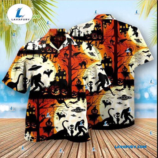 Halloween People Bigfoot UFO Hawaiian Shirt, Bigfoot Horror Sasquatch Hawaiian Shirt for Men