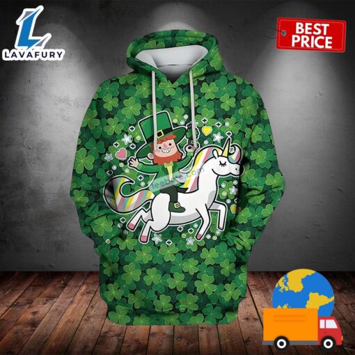 Leprechaun Riding Unicorn St Patrick Day Green 3D Pattern Hoodie 2025