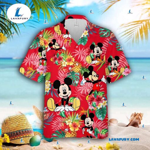 Mickey Mouse Pineapple Floral Hawaiian Shirt, Disney Red Hawaiian Shirt, Matching Family Disney Shirts