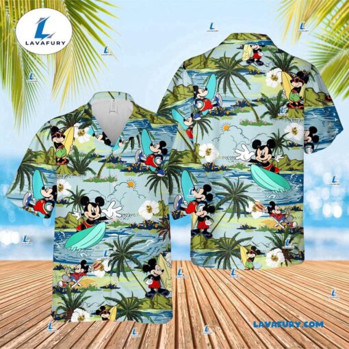 Mickey Surfing Palm Tree Summer Beach Shirt, Family Holiday Funny Hawaiian Button Down, Unique Mickey Mouse Gift