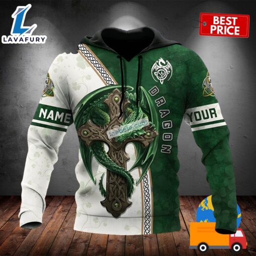 Personalized St Patrick Celtic Cross And Dragon Green 3D Art Hoodie 2025