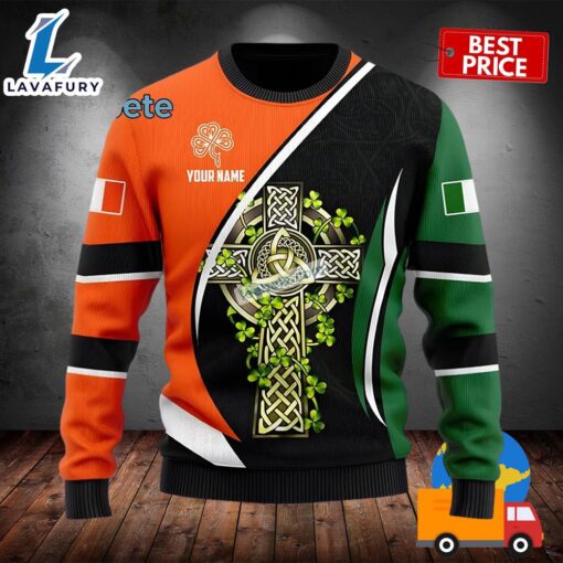 Personalized St Patrick Celtic Cross And Shamrock Orange Ugly Sweater 2025