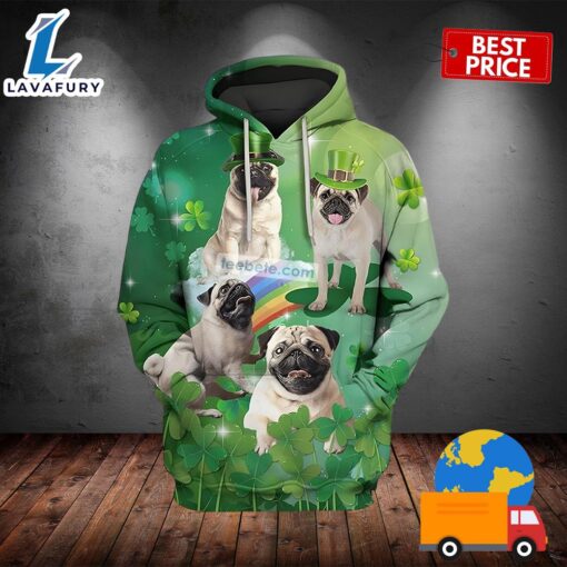 Pugs Dog With St Patrick Green 3D Realistic Hoodie 2025