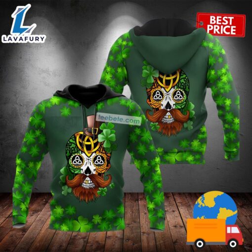 St Patrick Day Skull And Four Leaf Clover Green 3D Novelty Hoodie 2025